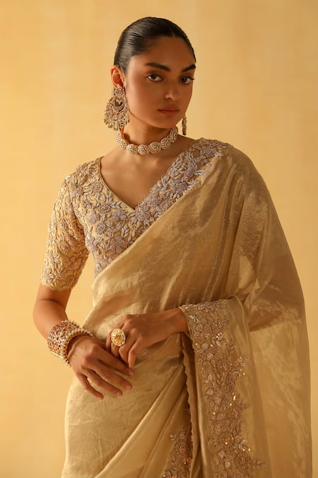 Buy_Sheetal Batra_Gold Silk Embroidery V-neck Maheen Handwoven Tissue Saree With Blouse _Online_at_Aza_Fashions