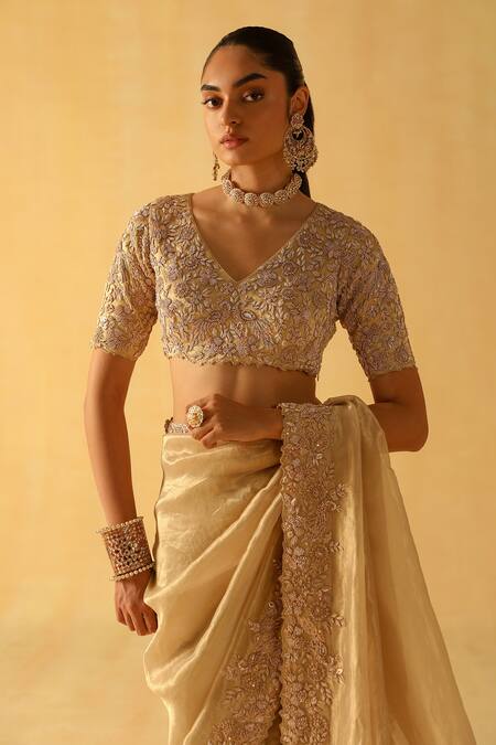 Shop_Sheetal Batra_Gold Silk Embroidery V-neck Maheen Handwoven Tissue Saree With Blouse _Online_at_Aza_Fashions