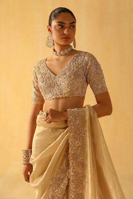 Sheetal Batra_Gold Silk Embroidery V-neck Maheen Handwoven Tissue Saree With Blouse _at_Aza_Fashions