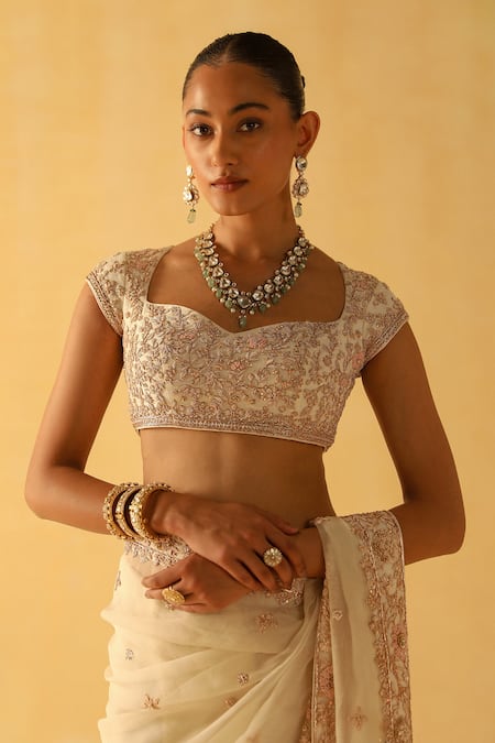 Sheetal Batra Ivory Organza, Embroidery Sweetheart Maliha Daisy Saree With Blouse Online at Aza Fashions Sheetal Batra_Ivory Organza, Embroidery Sweetheart Maliha Daisy Saree With Blouse _Online_at_Aza_Fashions