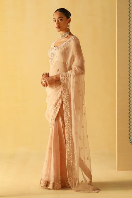 Shop Sheetal Batra Pink Organza, Embroidery Maliha Dabka Zardosi Saree With Blouse Online at Aza Fashions Shop_Sheetal Batra_Pink Organza, Embroidery Maliha Dabka Zardosi Saree With Blouse _Online_at_Aza_Fashions