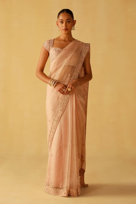 Shop Sheetal Batra Pink Organza, Embroidery Maliha Dabka Zardosi Saree With Blouse Shop_Sheetal Batra_Pink Organza, Embroidery Maliha Dabka Zardosi Saree With Blouse