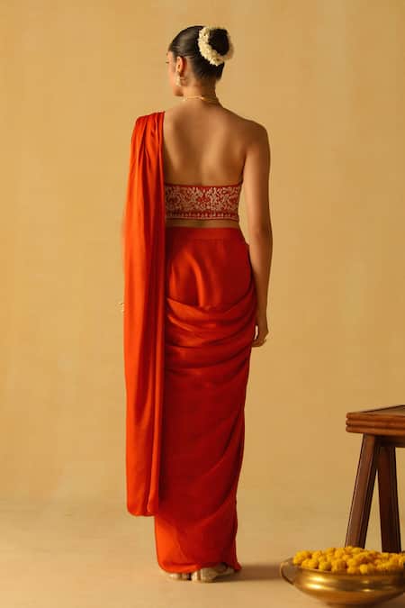 Sheetal Batra_Orange Bamboo, Silk Embroidery, Diamonds Rumaan Pre-draped Saree With Blouse _Online_at_Aza_Fashions