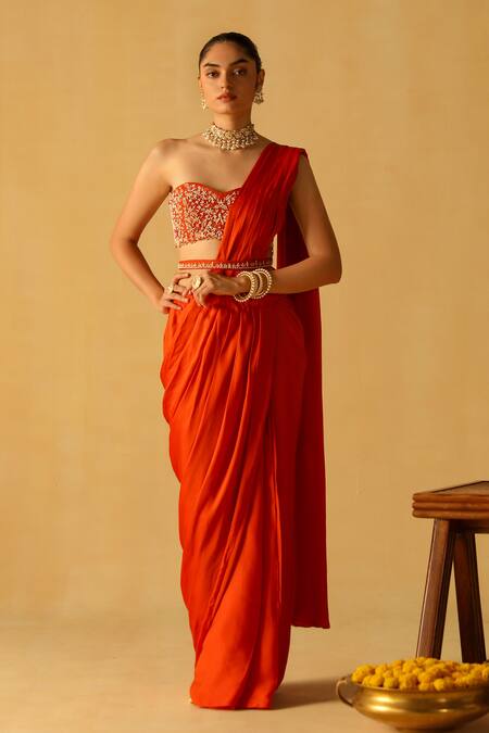 Buy_Sheetal Batra_Orange Bamboo, Silk Embroidery, Diamonds Rumaan Pre-draped Saree With Blouse _Online_at_Aza_Fashions