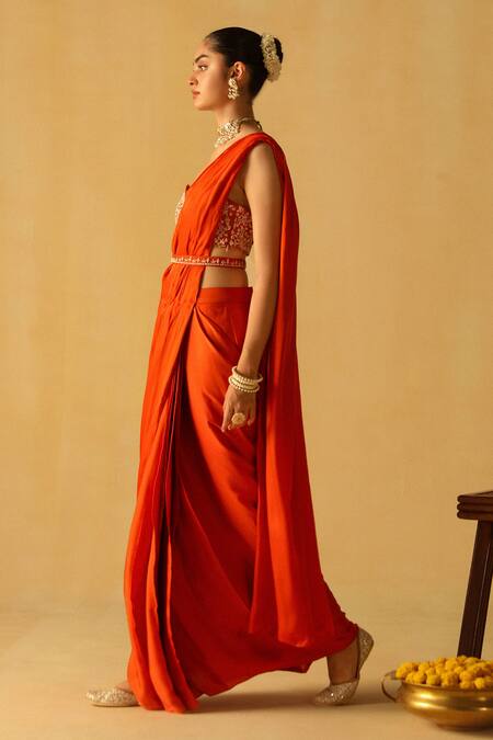 Shop_Sheetal Batra_Orange Bamboo, Silk Embroidery, Diamonds Rumaan Pre-draped Saree With Blouse _Online_at_Aza_Fashions