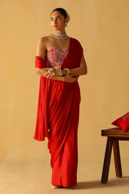 Sheetal Batra_Red Silk, Bamboo Embroidery, Rumaan Bamberg Satin Pre-draped Saree With Blouse _Online_at_Aza_Fashions