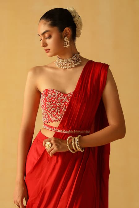 Buy_Sheetal Batra_Red Silk, Bamboo Embroidery, Rumaan Bamberg Satin Pre-draped Saree With Blouse _Online_at_Aza_Fashions