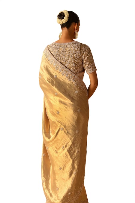 Buy_Sheetal Batra_Gold Silk, Brocade Zari, Embroidery V-neck Saraa Floral Saree With Blouse _Online_at_Aza_Fashions