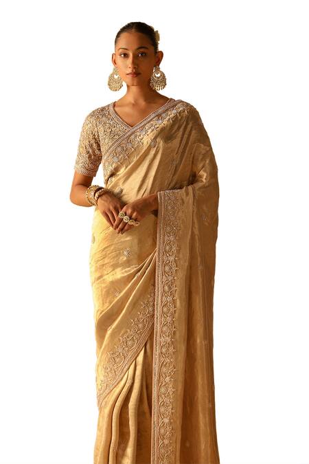 Shop_Sheetal Batra_Gold Silk, Brocade Zari, Embroidery V-neck Saraa Floral Saree With Blouse _Online_at_Aza_Fashions