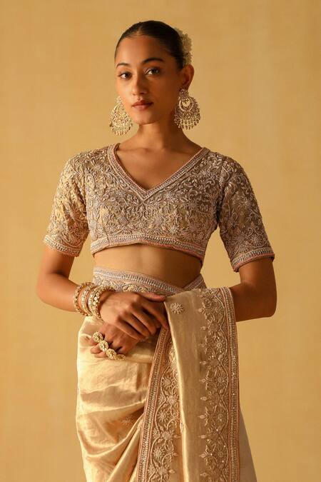 Sheetal Batra_Gold Silk, Brocade Zari, Embroidery V-neck Saraa Floral Saree With Blouse _at_Aza_Fashions