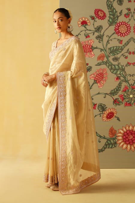Buy_Sheetal Batra_Gold Silk Embroidery V-neck Saraa Handwoven Saree With Blouse _Online_at_Aza_Fashions