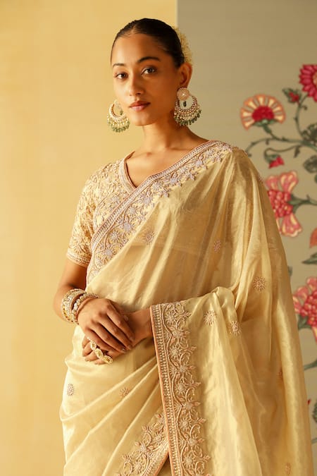 Shop_Sheetal Batra_Gold Silk Embroidery V-neck Saraa Handwoven Saree With Blouse _Online_at_Aza_Fashions