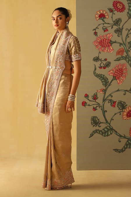 Sheetal Batra_Gold Silk, Brocade Embroidery Scoop Neck Zeenat Floral Saree With Blouse _Online_at_Aza_Fashions