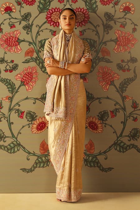 Buy_Sheetal Batra_Gold Silk, Brocade Embroidery Scoop Neck Zeenat Floral Saree With Blouse _Online_at_Aza_Fashions