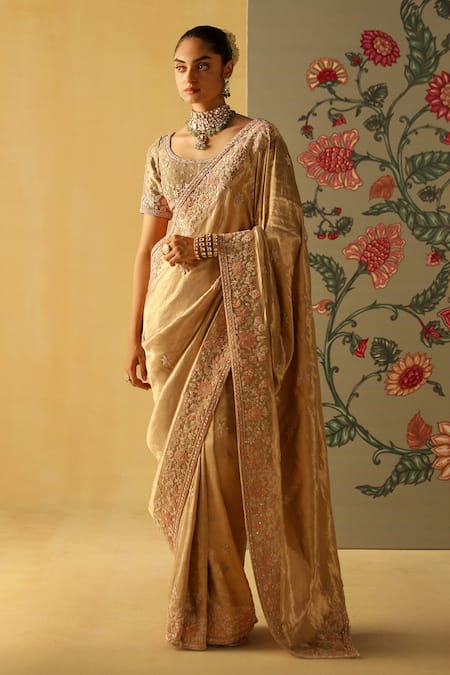 Shop_Sheetal Batra_Gold Silk, Brocade Embroidery Scoop Neck Zeenat Floral Saree With Blouse _Online_at_Aza_Fashions