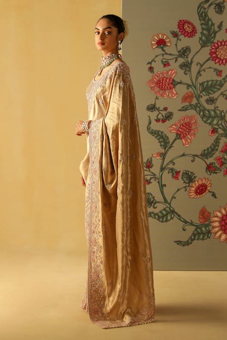 Sheetal Batra_Gold Silk, Brocade Embroidery Scoop Neck Zeenat Floral Saree With Blouse _at_Aza_Fashions