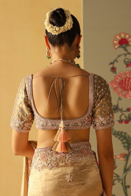 Buy_Sheetal Batra_Gold Silk, Brocade Embroidery Scoop Neck Zeenat Floral Saree With Blouse 