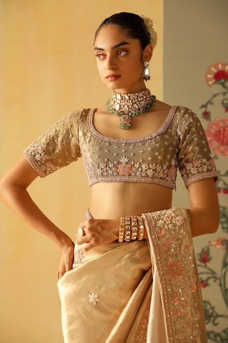 Shop_Sheetal Batra_Gold Silk, Brocade Embroidery Scoop Neck Zeenat Floral Saree With Blouse 
