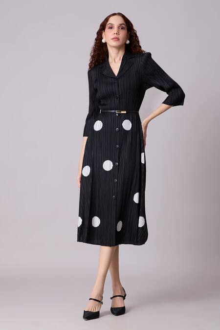 Scarlet Sage_Black Polyester Collared Teresa Pleated Polka Dot Dress With Belt_Online_at_Aza_Fashions