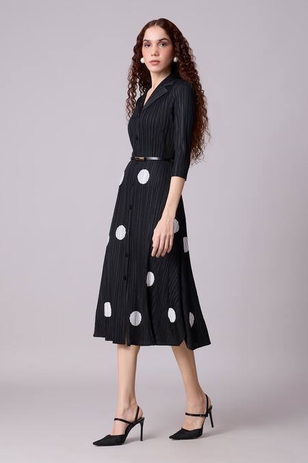 Buy_Scarlet Sage_Black Polyester Collared Teresa Pleated Polka Dot Dress With Belt_Online_at_Aza_Fashions