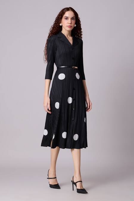 Buy_Scarlet Sage_Black Polyester Collared Teresa Pleated Polka Dot Dress With Belt