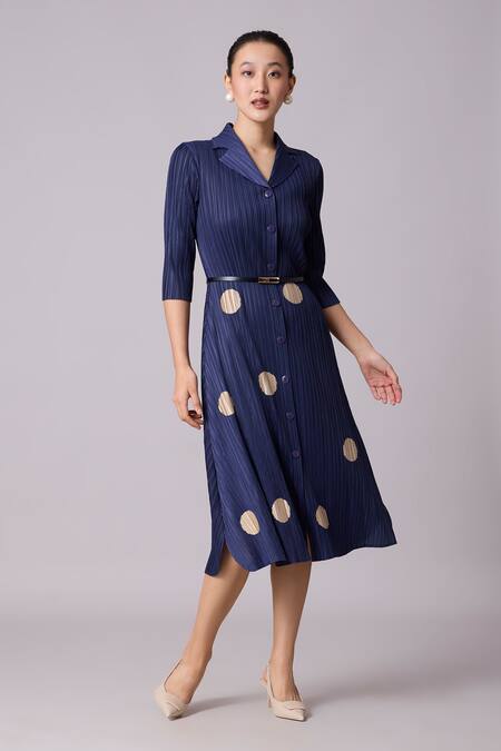 Scarlet Sage_Blue Polyester Collared Teresa Pleated Polka Dot Dress With Belt_Online_at_Aza_Fashions