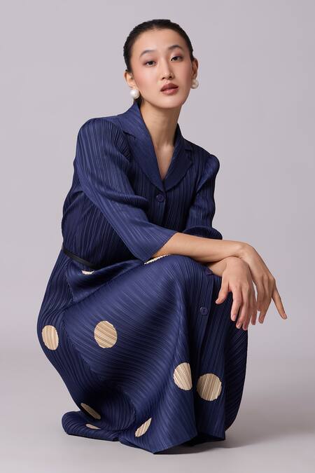 Buy_Scarlet Sage_Blue Polyester Collared Teresa Pleated Polka Dot Dress With Belt_Online_at_Aza_Fashions