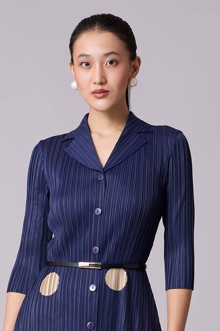 Shop_Scarlet Sage_Blue Polyester Collared Teresa Pleated Polka Dot Dress With Belt_Online_at_Aza_Fashions