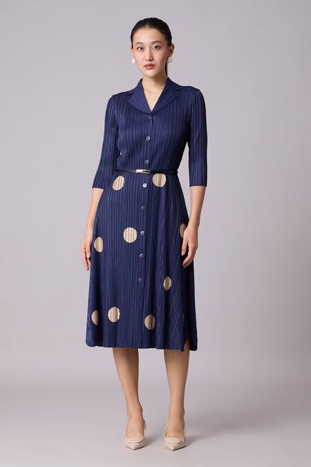 Scarlet Sage_Blue Polyester Collared Teresa Pleated Polka Dot Dress With Belt_at_Aza_Fashions