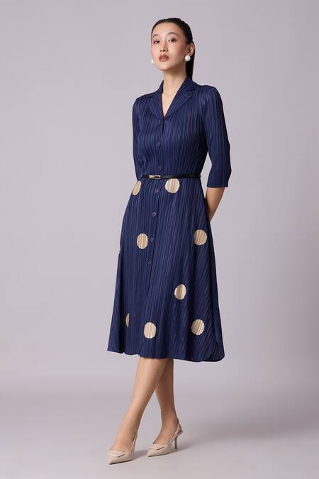 Buy_Scarlet Sage_Blue Polyester Collared Teresa Pleated Polka Dot Dress With Belt