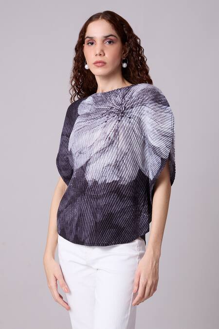 Scarlet Sage_Grey Polyester Embroidery High Neck Darell Floral Motif Top_Online_at_Aza_Fashions