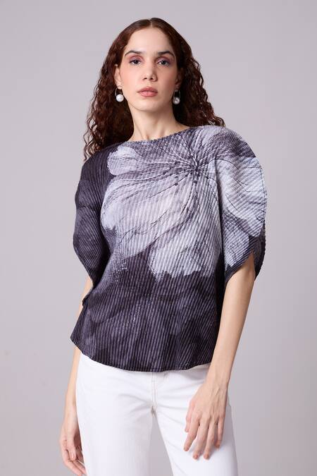Buy_Scarlet Sage_Grey Polyester Embroidery High Neck Darell Floral Motif Top_Online_at_Aza_Fashions