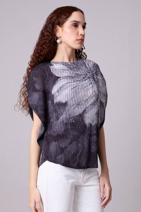 Shop_Scarlet Sage_Grey Polyester Embroidery High Neck Darell Floral Motif Top_Online_at_Aza_Fashions