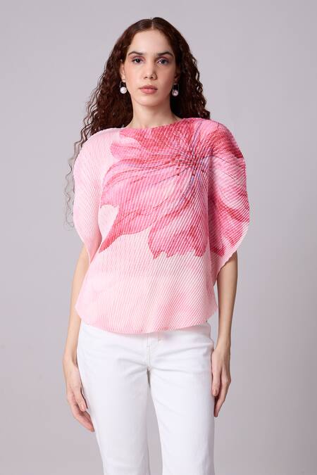 Scarlet Sage_Pink Polyester High Neck Darell Floral Pattern Top_Online_at_Aza_Fashions