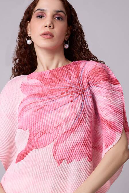 Scarlet Sage_Pink Polyester High Neck Darell Floral Pattern Top_at_Aza_Fashions