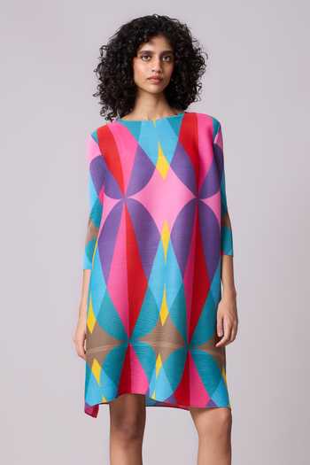 Scarlet Sage_Pink Polyester Crew Neck Egypt Geometric Pattern Dress_Online_at_Aza_Fashions