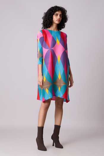 Buy_Scarlet Sage_Pink Polyester Crew Neck Egypt Geometric Pattern Dress_Online_at_Aza_Fashions