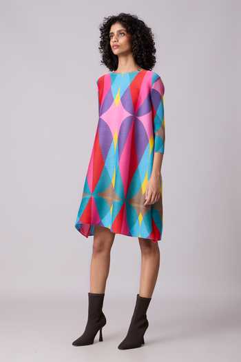 Shop_Scarlet Sage_Pink Polyester Crew Neck Egypt Geometric Pattern Dress_Online_at_Aza_Fashions