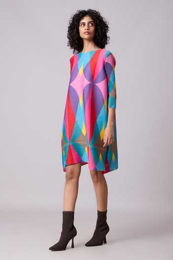 Scarlet Sage_Pink Polyester Crew Neck Egypt Geometric Pattern Dress_at_Aza_Fashions