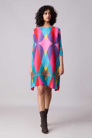 Buy_Scarlet Sage_Pink Polyester Crew Neck Egypt Geometric Pattern Dress