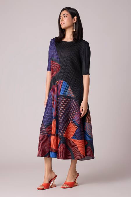 Shop_Scarlet Sage_Black Polyester Round Neck Evelyn Pixel Printed Midi Dress_Online_at_Aza_Fashions