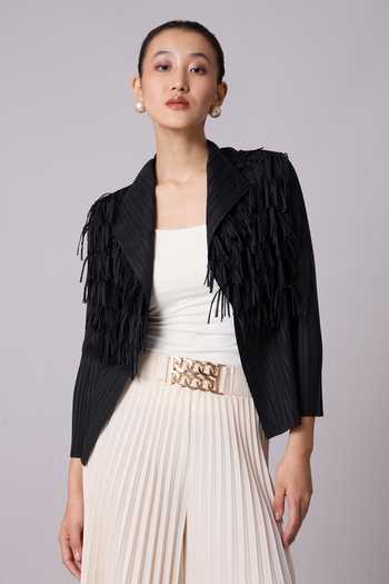 Scarlet Sage_Black Polyester Fringe Open Neck Gisa Detailed Jacket_Online_at_Aza_Fashions