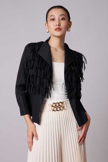 Buy_Scarlet Sage_Black Polyester Fringe Open Neck Gisa Detailed Jacket_Online_at_Aza_Fashions