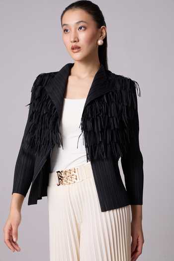 Shop_Scarlet Sage_Black Polyester Fringe Open Neck Gisa Detailed Jacket_Online_at_Aza_Fashions
