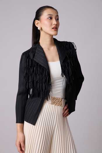 Scarlet Sage_Black Polyester Fringe Open Neck Gisa Detailed Jacket_at_Aza_Fashions