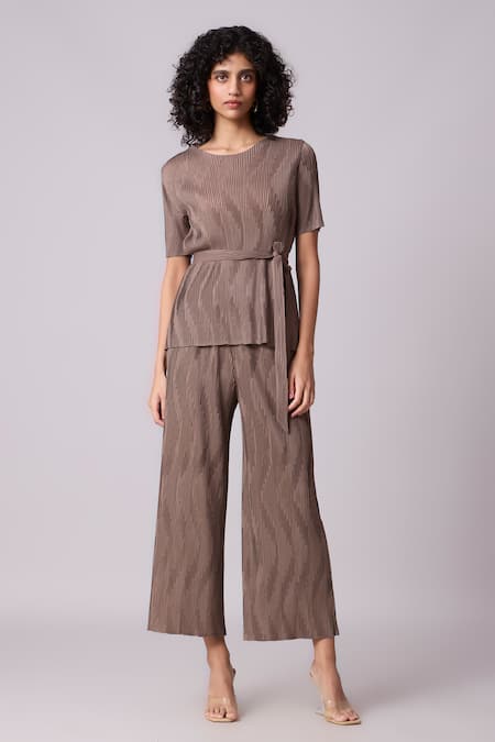 Scarlet Sage Brown 100% Polyester Textured Round Lina Pleated Top And Pant Set 