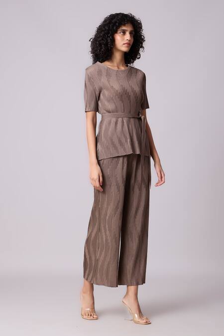 Scarlet Sage_Brown Polyester Round Neck Lina Textured Pleated Top And Pant Set_Online_at_Aza_Fashions