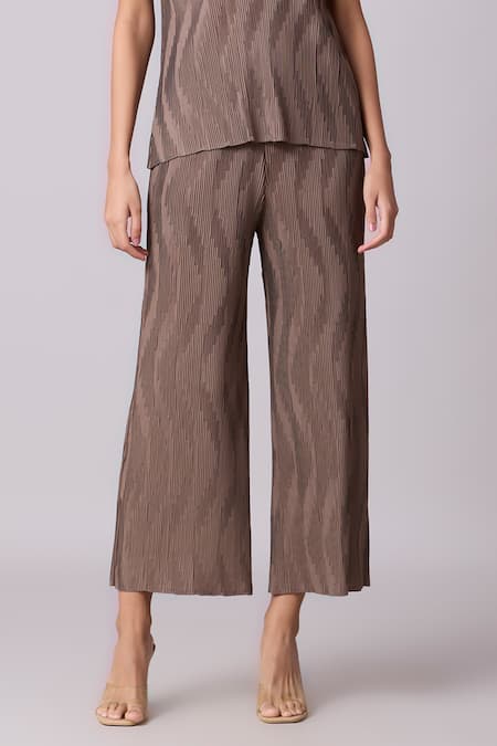 Shop_Scarlet Sage_Brown Polyester Round Neck Lina Textured Pleated Top And Pant Set_Online_at_Aza_Fashions