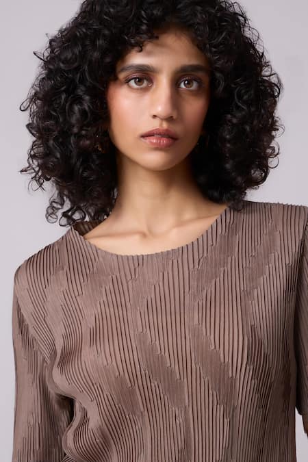 Scarlet Sage_Brown Polyester Round Neck Lina Textured Pleated Top And Pant Set_at_Aza_Fashions