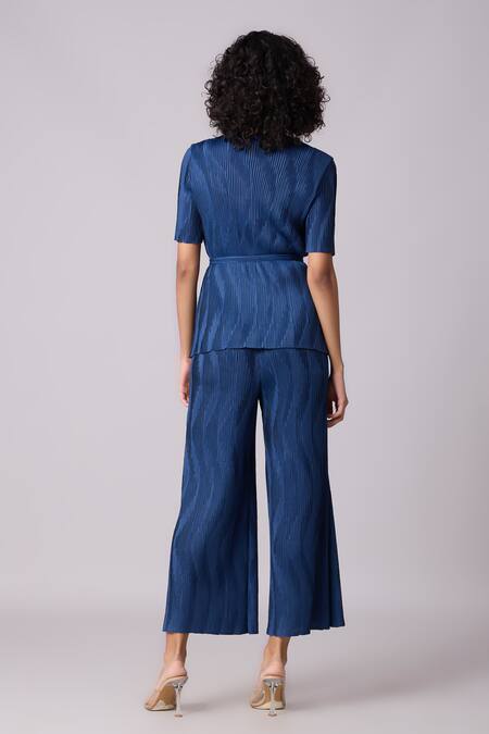 Shop Scarlet Sage Blue Polyester Round Neck Lina Textured Top And Pant Set at Aza Fashions Shop_Scarlet Sage_Blue Polyester Round Neck Lina Textured Top And Pant Set_at_Aza_Fashions